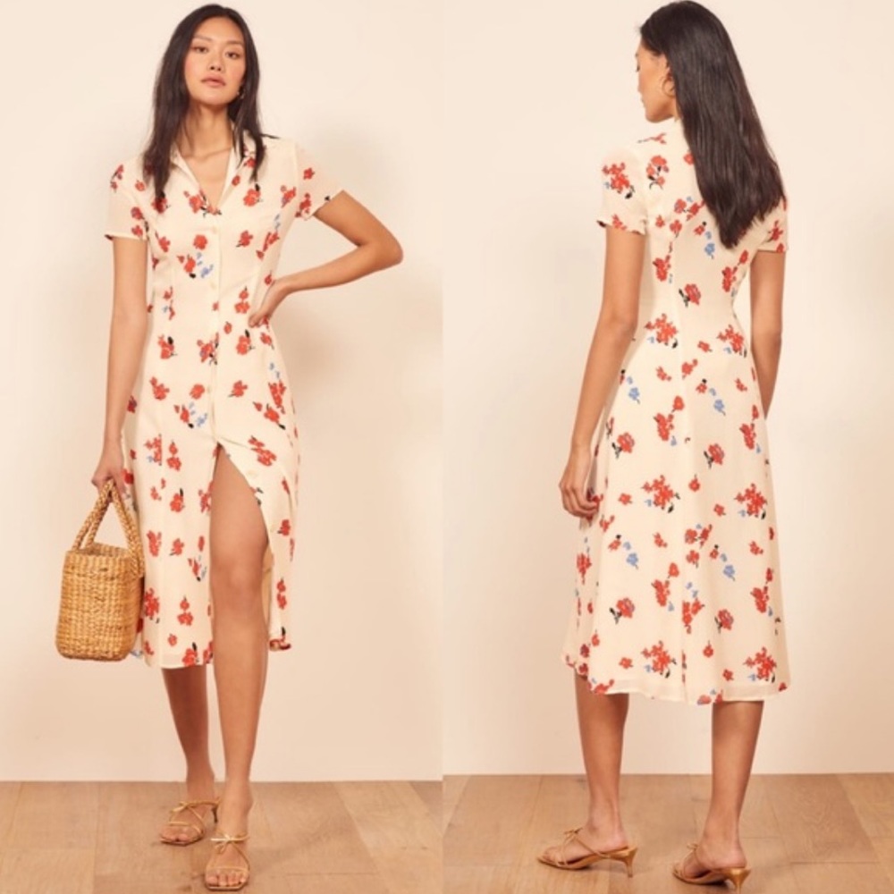 Reformation Sheila Dress White Floral Button Front Size 0